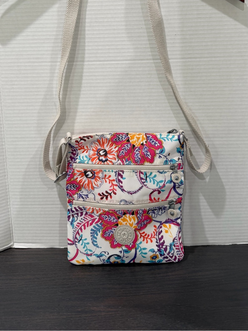 Kipling White Floral Multicolor Crossbody Bag with Beige Strap